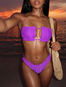 Swim Vcay Summer Beach Frill Trim Bandeau Bikini Set - Purple - View 2