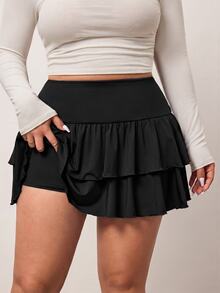 Enliva Plus Size Tiered Layered Black Casual Versatile Skirt Fall - Black - View 3