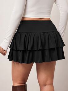 Enliva Plus Size Tiered Layered Black Casual Versatile Skirt Fall - Black - View 2