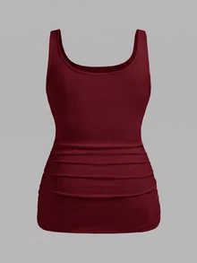 Enliva 2pcs Plus Size Women Vacation Casual Black & Burgundy Scoop Neck Ruched Waist Bodycon Tank Top Set, Suitable For Daily Wear, Versatile, Y2K - Multicolor - View 5
