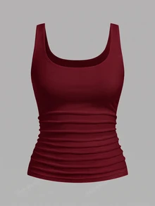 Enliva 2pcs Plus Size Women Vacation Casual Black & Burgundy Scoop Neck Ruched Waist Bodycon Tank Top Set, Suitable For Daily Wear, Versatile, Y2K - Multicolor - View 7