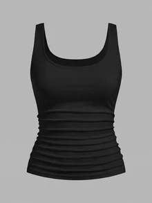 Enliva 2pcs Plus Size Women Vacation Casual Black & Burgundy Scoop Neck Ruched Waist Bodycon Tank Top Set, Suitable For Daily Wear, Versatile, Y2K - Multicolor - View 3