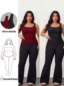 Enliva 2pcs Plus Size Women Vacation Casual Black & Burgundy Scoop Neck Ruched Waist Bodycon Tank Top Set, Suitable For Daily Wear, Versatile, Y2K - Multicolor - View 1