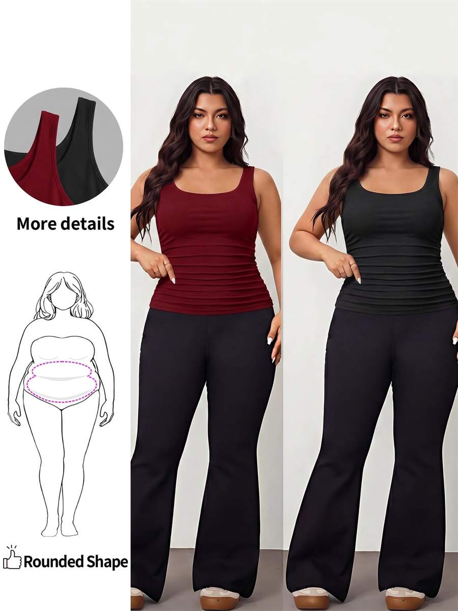 Enliva 2pcs Plus Size Women Vacation Casual Black & Burgundy Scoop Neck Ruched Waist Bodycon Tank Top Set, Suitable For Daily Wear, Versatile, Y2K - Multicolor - View 1