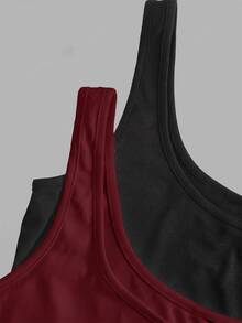 Enliva 2pcs Plus Size Women Vacation Casual Black & Burgundy Scoop Neck Ruched Waist Bodycon Tank Top Set, Suitable For Daily Wear, Versatile, Y2K - Multicolor - View 12
