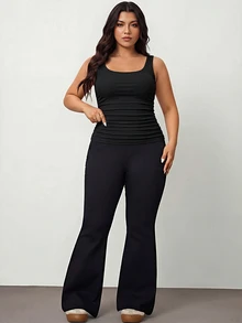 Enliva 2pcs Plus Size Women Vacation Casual Black & Burgundy Scoop Neck Ruched Waist Bodycon Tank Top Set, Suitable For Daily Wear, Versatile, Y2K - Multicolor - View 9