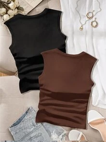 Enliva 2pcs Casual Versatile Solid Color Cropped Tank Top, Plus Size Women Summer Vest - Multicolor - View 7