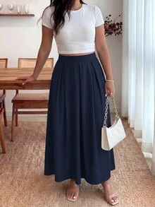 Enliva 加大码女式灰色高腰超长褶皱 A 字裙，带口袋，松紧腰带，秋季开学季 - 藏蓝色 - 查看 4