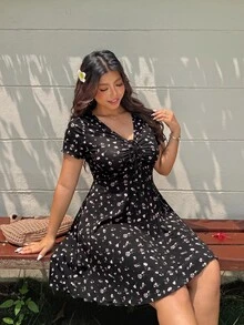 Enliva 大码V领短袖系带碎花休闲连衣裙 - 彩色 - 查看 8