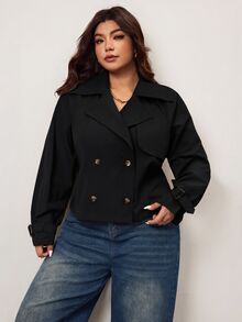 Enliva 大码女装时尚休闲宽松舒适日常百搭经典卡其色短款风衣，简约风格，春季外套 - 黑色 - 查看 5