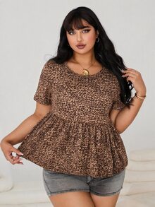 Enliva Damen Große Größen Rundhals Patchwork A-Linie Einfarbig Baumwolle Puppen T-Shirt - Braun - Übersicht 5