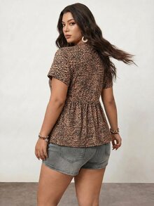 Enliva Damen Große Größen Rundhals Patchwork A-Linie Einfarbig Baumwolle Puppen T-Shirt - Braun - Übersicht 2