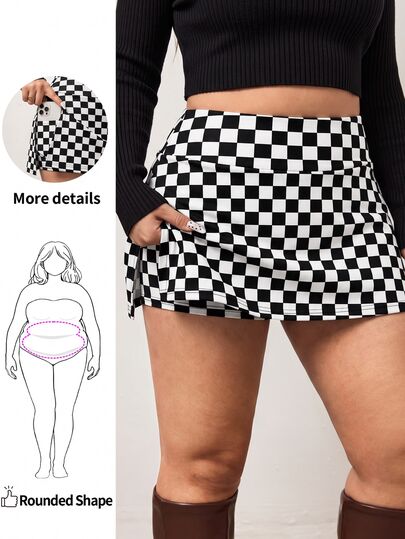 Enliva Plus Size Autumn 90s 70's Kawaii Y2k Checkered Side Slit Skort Back-To-School Night Vacation Brunch Party Graduation Black And White Fall