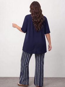 Enliva 大码女式 2 件套缺口领无袖上衣和条纹阔腿裤休闲装，女士冬季服装 - 藏蓝色 - 查看 2