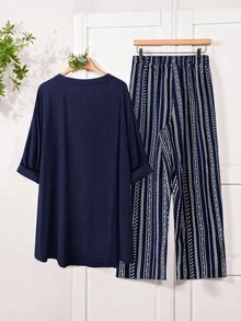 Enliva 大码女式 2 件套缺口领无袖上衣和条纹阔腿裤休闲装，女士冬季服装 - 藏蓝色 - 查看 7