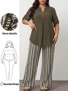 Enliva 大码女式纯色V领袖口衬衫和条纹阔腿裤休闲两件套 - 軍綠色 - 查看 1