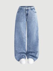 SHEIN PETITE CURVE 大尺碼女款高腰口袋擴張鬆身百搭牛仔褲 秋冬優雅度假正式商務節慶禮儀 PETITE CURVE - 藍色 - 查看 9