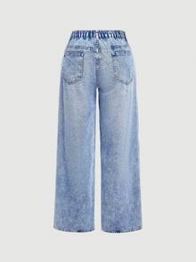 SHEIN PETITE CURVE 大尺碼女款高腰口袋擴張鬆身百搭牛仔褲 秋冬優雅度假正式商務節慶禮儀 PETITE CURVE - 藍色 - 查看 8