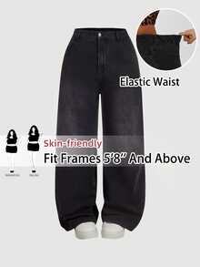 SHEIN Tall CURVE Plus Size Casual Washed Wide Leg Denim Jeans Fall/Winter Casual Formal Business Cute Cowgirl Basic Vintage Back To School Festival Tall CURVE - Black - View 9