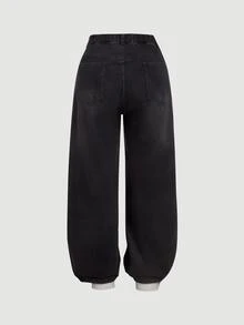 SHEIN Tall CURVE Plus Size Casual Washed Wide Leg Denim Jeans Fall/Winter Casual Formal Business Cute Cowgirl Basic Vintage Back To School Festival Tall CURVE - Black - View 3