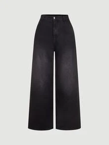 SHEIN Tall CURVE Plus Size Casual Washed Wide Leg Denim Jeans Fall/Winter Casual Formal Business Cute Cowgirl Basic Vintage Back To School Festival Tall CURVE - Black - View 7