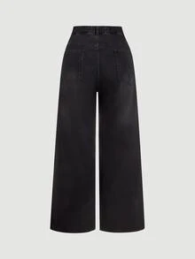 SHEIN Tall CURVE Plus Size Casual Washed Wide Leg Denim Jeans Fall/Winter Casual Formal Business Cute Cowgirl Basic Vintage Back To School Festival Tall CURVE - Black - View 8