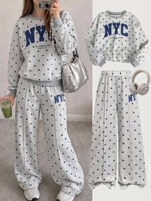 SHEIN Tween女孩秋冬休閒保暖內裡加厚運動衫套裝，圓點寬鬆圓領落肩長袖套頭印花上衣搭配同款印花百褶寬腿直筒運動長褲，2件式運動休閒套裝，灰色花卉 - 灰色 - 查看 2