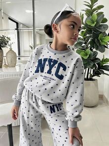 SHEIN Tween女孩秋冬休閒保暖內裡加厚運動衫套裝，圓點寬鬆圓領落肩長袖套頭印花上衣搭配同款印花百褶寬腿直筒運動長褲，2件式運動休閒套裝，灰色花卉 - 灰色 - 查看 7
