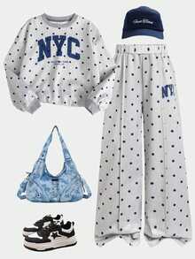 SHEIN Tween女孩秋冬休閒保暖內裡加厚運動衫套裝，圓點寬鬆圓領落肩長袖套頭印花上衣搭配同款印花百褶寬腿直筒運動長褲，2件式運動休閒套裝，灰色花卉 - 灰色 - 查看 8