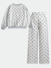 SHEIN Tween女孩秋冬休閒保暖內裡加厚運動衫套裝，圓點寬鬆圓領落肩長袖套頭印花上衣搭配同款印花百褶寬腿直筒運動長褲，2件式運動休閒套裝，灰色花卉 - 灰色 - 查看 6