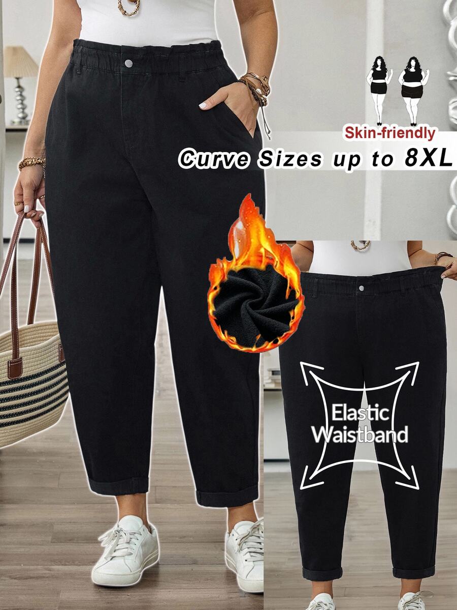 SHEIN CURVE+ Plus Size Women's High Waist Pocket Tapered Casual Jeans Winter Elegant Vacation Formal Business Cowgirl Festival Ceremony Fuzzy Thermal Fall Outfits - Black - View 1