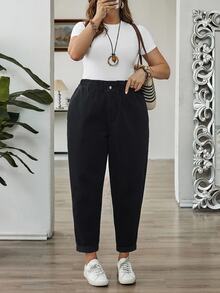 SHEIN CURVE+ Plus Size Women's High Waist Pocket Tapered Casual Jeans Winter Elegant Vacation Formal Business Cowgirl Festival Ceremony Fuzzy Thermal Fall Outfits - Black - View 3