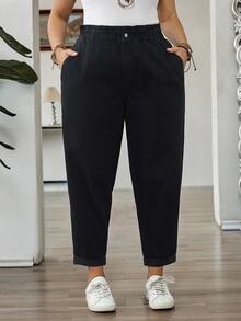 SHEIN CURVE+ Plus Size Women's High Waist Pocket Tapered Casual Jeans Winter Elegant Vacation Formal Business Cowgirl Festival Ceremony Fuzzy Thermal Fall Outfits - Black - View 6