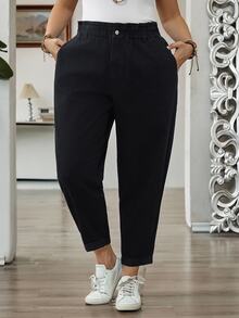 SHEIN CURVE+ Plus Size Women's High Waist Pocket Tapered Casual Jeans Winter Elegant Vacation Formal Business Cowgirl Festival Ceremony Fuzzy Thermal Fall Outfits - Black - View 7