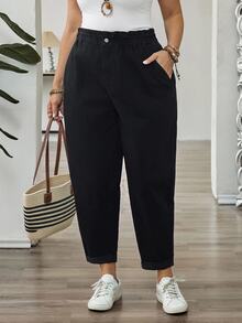 SHEIN CURVE+ Plus Size Women's High Waist Pocket Tapered Casual Jeans Winter Elegant Vacation Formal Business Cowgirl Festival Ceremony Fuzzy Thermal Fall Outfits - Black - View 9