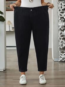 SHEIN CURVE+ Plus Size Women's High Waist Pocket Tapered Casual Jeans Winter Elegant Vacation Formal Business Cowgirl Festival Ceremony Fuzzy Thermal Fall Outfits - Black - View 4