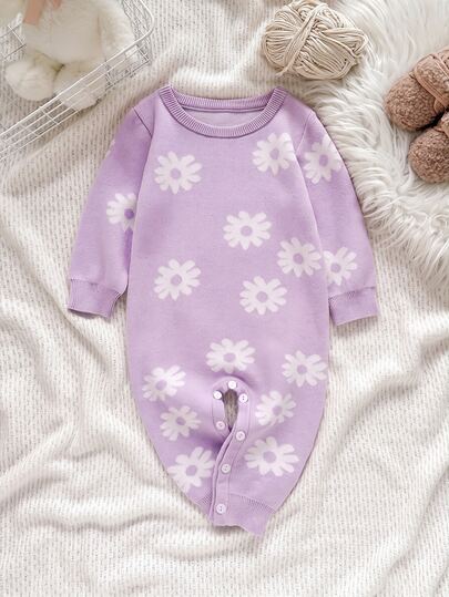 SHEIN Baby Girls Newborn Round Neck Long Sleeve Autumn Romper, Floral Pattern, Cute Full Body Print, Suitable For Various Occasions