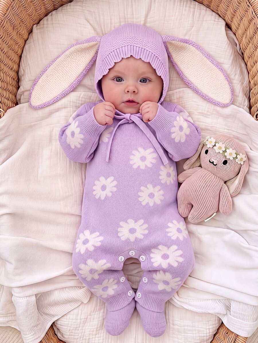 SHEIN Baby Girls Newborn Round Neck Long Sleeve Autumn Romper, Floral Pattern, Cute Full Body Print, Suitable For Various Occasions - Mauve Purple - View 1