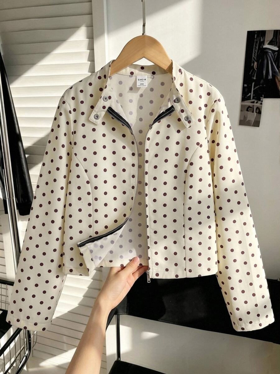 SHEIN Tween Girl, Kids, Casual Street Style Polka Dot Lapel Front-Open Short Autumn Jacket, Apricot, Back To School - Black and White - View 1