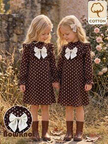 Emery Rose Kids Emery Rose Kids 女童可愛度假休閒杏色花卉圖案蝴蝶結長袖寬鬆洋裝，秋季花卉洋裝 - 卡其色 - 查看 5