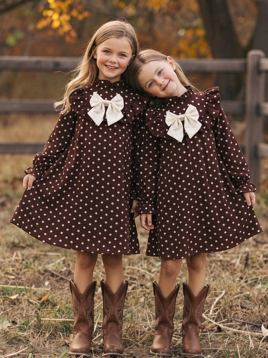 Emery Rose Kids Emery Rose Kids 女童可愛度假休閒杏色花卉圖案蝴蝶結長袖寬鬆洋裝，秋季花卉洋裝