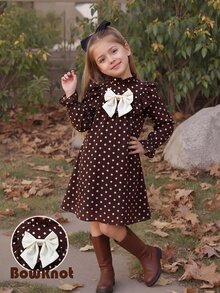 Emery Rose Kids Emery Rose Kids 女童可愛度假休閒杏色花卉圖案蝴蝶結長袖寬鬆洋裝，秋季花卉洋裝 - 卡其色 - 查看 4