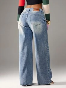 Denimoi Low Rise Baggy Fit Washed Jeans Boyfriend Jeans Fashionable Streetwear, Fall/Winter - Medium Wash - View 2