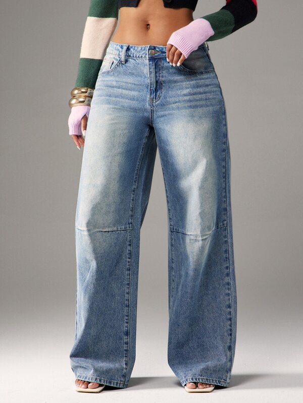Denimoi Jeans de tiro bajo con ajuste holgado y lavado, jeans boyfriend de moda streetwear, otoño/invierno