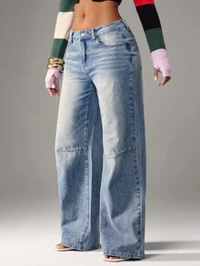 Denimoi Low Rise Baggy Fit Washed Jeans Boyfriend Jeans Fashionable Streetwear, Fall/Winter - Medium Wash - View 4