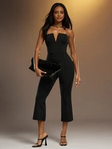 Hauture Strapless Deep V Wired Neckline Sculpted Bandage Capri Jumpsuit Catsuit Sexy Fall 2026 - Black - View 6