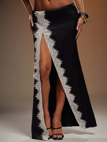 Hauture Women's Sexy Contrast Lace Patchwork High Slit Lower Waist Maxi Skirt - Black - View 2