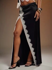 Hauture Women's Sexy Contrast Lace Patchwork High Slit Lower Waist Maxi Skirt - Black - View 3
