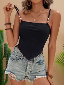 Travachic Women's 92% Cotton Casual Vacation Women's Beaded Asymmetrical Hem Camisole - Black - View 3