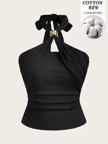 Travachic Women's 92% Cotton Summer Casual Sexy Solid Color Backless Halter Top Night Out Date Night Black - Black - View 1
